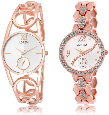 

LOREM Watch-213-215 COMBO White Round Girl's Metal Bracelet Watch - For Women