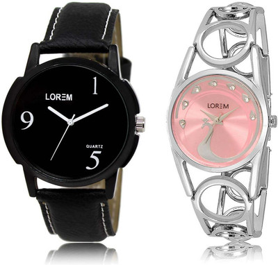 

LOREM OM-6-233 Designer Pink & Black Round Boy's & Girl's Metal Bracelet & Leather Watch - For Men & Women