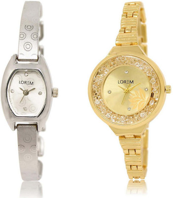 LOREM SR-219-224 Attractive Gold & Silver Round & Contemporary Girl's Metal Bracelet Watch - For Women