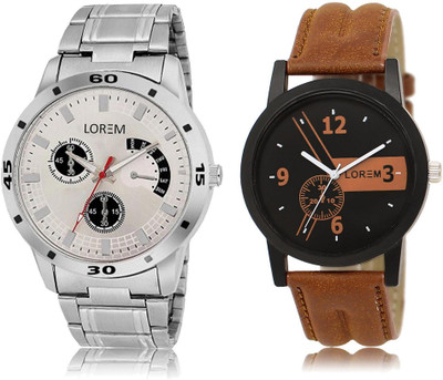 

LOREM 1-101 COMBO Black & Silver Round Boy's Leather & Metal Bracelet Watch - For Men