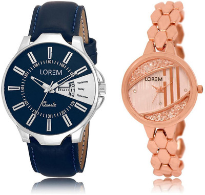 

LOREM Watch-23-222 COMBO Rose Gold & Blue Round Boy's & Girl's Metal Bracelet & Leather Hybrid Watch - For Men & Women