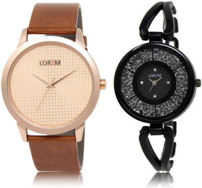 

LOREM SR-34-211 Attractive Black & Rose Gold Round Boy's & Girl's Metal Bracelet & Leather Watch - For Men & Women