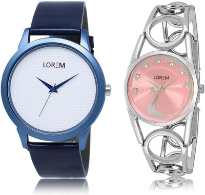 

LOREM OM-33-233 Designer Pink & White Round Boy's & Girl's Metal Bracelet & Leather Watch - For Men & Women