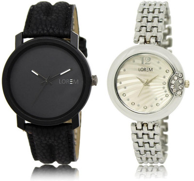 

LOREM watch21-227 COMBO Silver & Black Round Boy's & Girl's Metal Bracelet & Leather Watch - For Men & Women