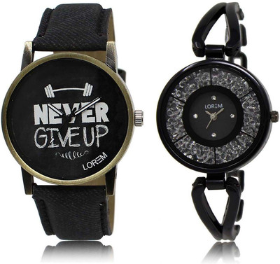 

LOREM SR-27-211 Attractive Black Round Boy's & Girl's Metal Bracelet & Leather Watch - For Men