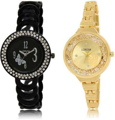

LOREM SR-201-224 Attractive Gold & Black Round Girl's Metal Bracelet Watch - For Women