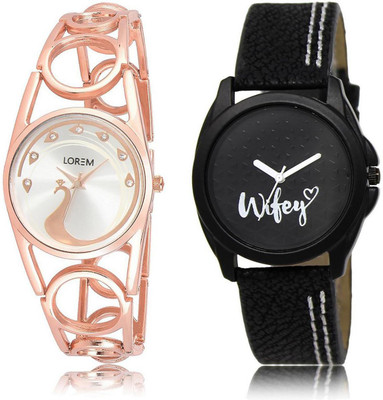 

LOREM FZ-232-234 COMBO Black & Silver Round Girl's Leather & Metal Bracelet Watch - For Women