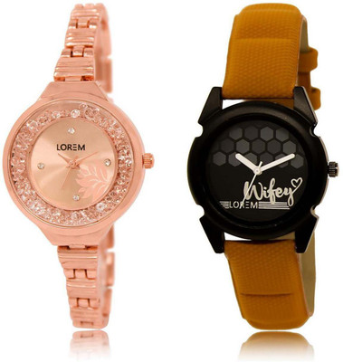 

LOREM Watch-225-235 Designer Black & Rose Gold Round Girl's Leather & Metal Bracelet Watch - For Women