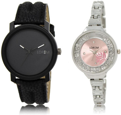 

LOREM watch21-226 COMBO Pink & Black Round Boy's & Girl's Metal Bracelet & Leather Watch - For Men & Women