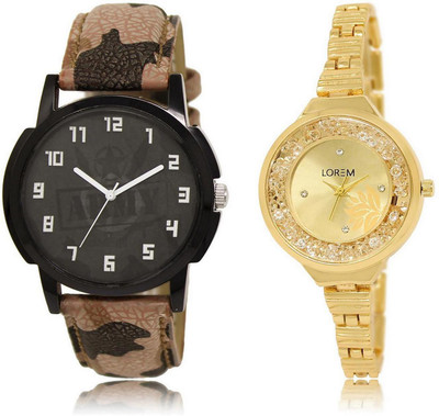 

LOREM FZ-3-224 COMBO Gold & Black Round Boy's & Girl's Metal Bracelet & Leather Watch - For Men