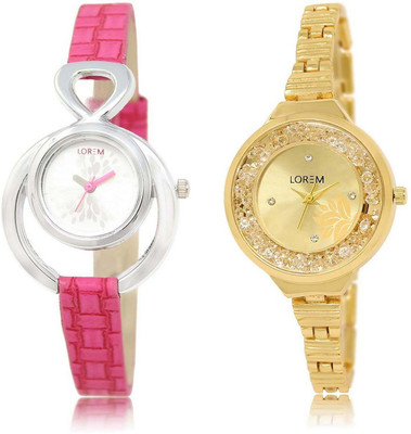 

LOREM SR-205-224 Attractive Gold & Silver Round Girl's Metal Bracelet & Leather Watch - For Women