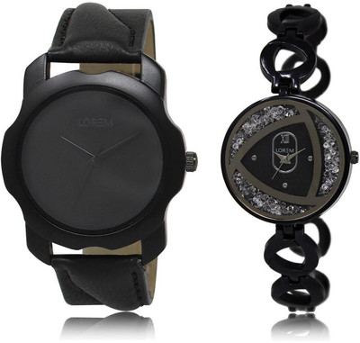 LOREM FZ-22-237 COMBO Silver & Black Round Boy's & Girl's Metal Bracelet & Leather Watch - For Men & Women