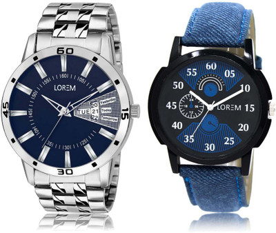 

LOREM SR-2-102 Attractive Black & Blue Round Boy's Leather & Metal Bracelet Hybrid Watch - For Men