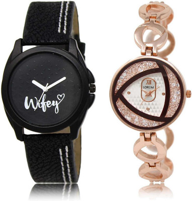 

LOREM 234-238 Attractive Silver & Black Round Girl's Metal Bracelet & Leather Watch - For Women