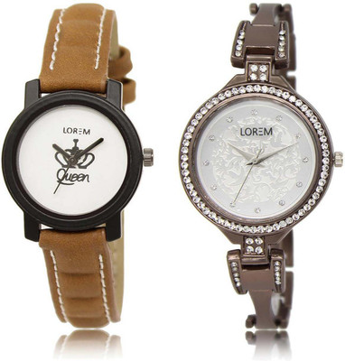 

LOREM SR-209-236 Attractive Silver & White Round Girl's Metal Bracelet & Leather Watch - For Women