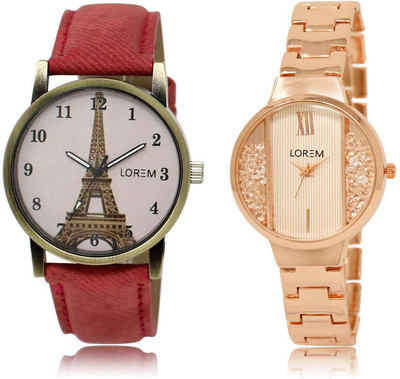 LOREM watch-217-230 COMBO White & Pink Round Girl's Metal Bracelet & Leather Watch - For Men & Women