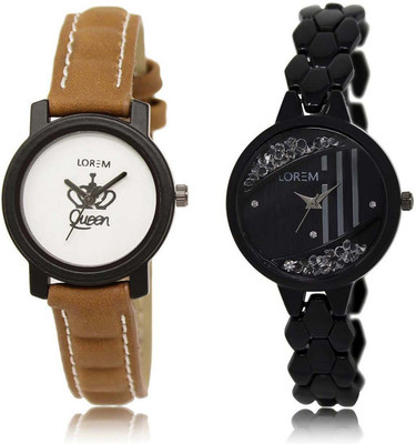 

LOREM watch-209-221 Designer Black & White Round Girl's Metal Bracelet & Leather Watch - For Women
