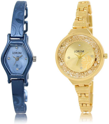 

LOREM Watch-218-224 Designer Gold & Blue Round & Contemporary Girl's Metal Bracelet Watch - For Women