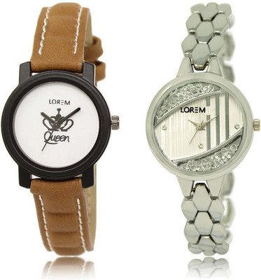 

LOREM SR-209-223 Attractive Silver & White Round Girl's Metal Bracelet & Leather Watch - For Women