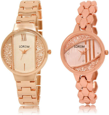LOREM OM-217-222 Designer Rose Gold & White Round Girl's Metal Bracelet Watch - For Women