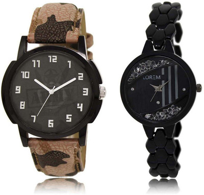 

LOREM SR-3-221 Attractive Black Round Boy's & Girl's Metal Bracelet & Leather Watch - For Men & Women