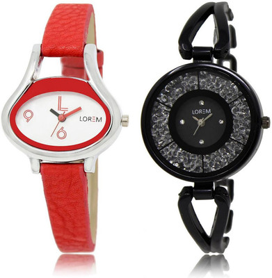 

LOREM Watch-206-211 COMBO Black & White Round & Oval Girl's Metal Bracelet & Leather Watch - For Women