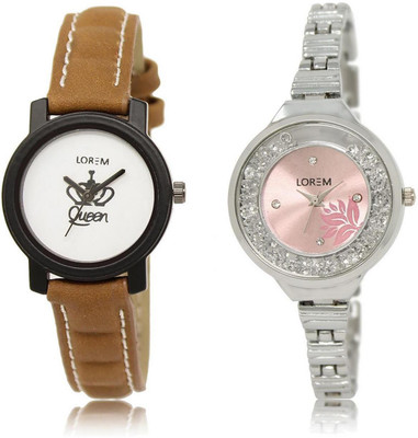 

LOREM watch209-226 COMBO Pink & White Round Girl's Metal Bracelet & Leather Watch - For Women
