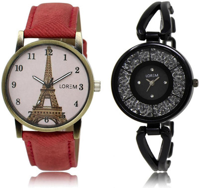 

LOREM FZ-211-230 COMBO Black & Pink Round Girl's Metal Bracelet & Leather Watch - For Women