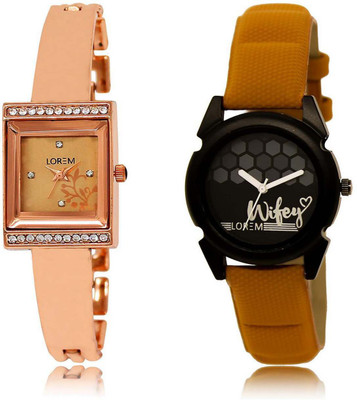 

LOREM watch220-235 Designer Black & Rose Gold Round & Square Girl's Leather & Metal Bracelet Watch - For Men & Women