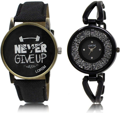 

LOREM WATCH-27-211 Designer Black Round Boy's & Girl's Metal Bracelet & Leather Watch - For Men & Women