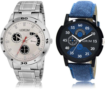 

LOREM SR-2-101 Attractive Black & Silver Round Boy's Leather & Metal Bracelet Watch - For Men