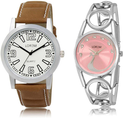 

LOREM SR-15-233 Attractive Pink & White Round Boy's & Girl's Metal Bracelet & Leather Watch - For Men & Women