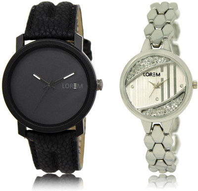 

LOREM FZ-21-223 COMBO Silver & Black Round Boy's & Girl's Metal Bracelet & Leather Watch - For Men & Women