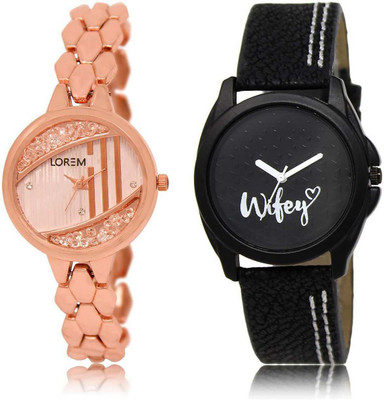 

LOREM Watch-222-234 Designer Black & Rose Gold Round Girl's Leather & Metal Bracelet Watch - For Women