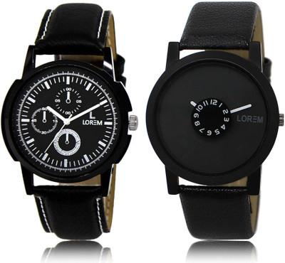 

LOREM Watch-13-25 Designer Black Round Boy's Leather Watch - For Men