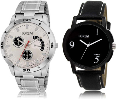 

LOREM OM-6-101 Designer Black & Silver Round Boy's Leather & Metal Bracelet Watch - For Men