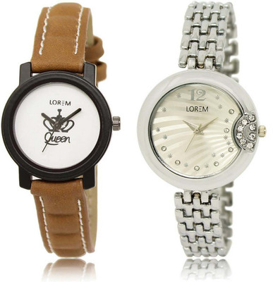 

LOREM OM-209-227 Designer Silver & White Round Girl's Metal Bracelet & Leather Watch - For Women