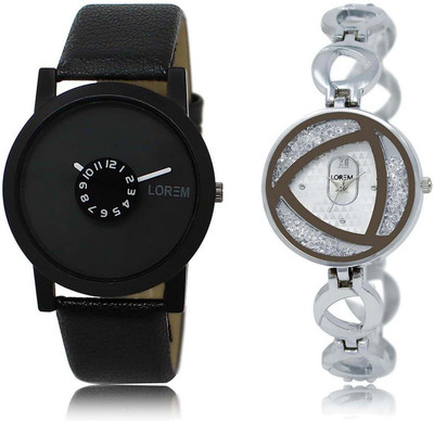 

LOREM SR-25-240 Attractive Silver & Black Round Boy's & Girl's Metal Bracelet & Leather Watch - For Men & Women