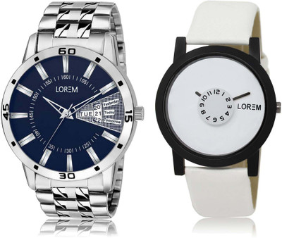 

LOREM watch26-102 Designer White & Blue Round Boy's Leather & Metal Bracelet Watch - For Men