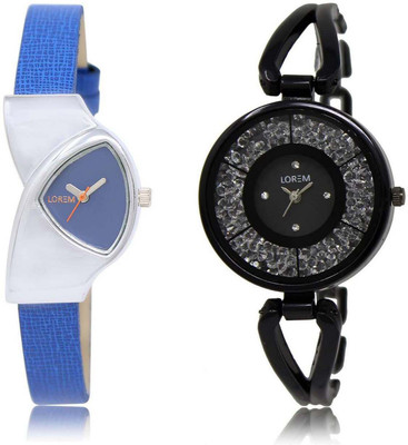 

LOREM SR-208-211 Attractive Black & Blue Round & Triangle Girl's Metal Bracelet & Leather Watch - For Women