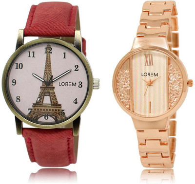 

LOREM OM-217-230 Designer White & Pink Round Girl's Metal Bracelet & Leather Watch - For Women