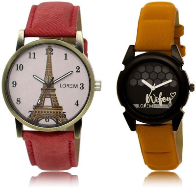 

LOREM SR-230-235 Attractive Black & Pink Round Girl's Leather Watch - For Women