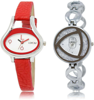 

LOREM watch-206-240 Designer Silver & White Round & Oval Girl's Metal Bracelet & Leather Watch - For Women