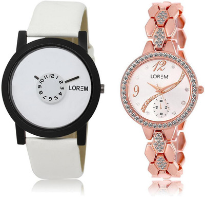 LOREM watch-26-215 COMBO Silver & White Round Boy's & Girl's Metal Bracelet & Leather Watch - For Men & Women