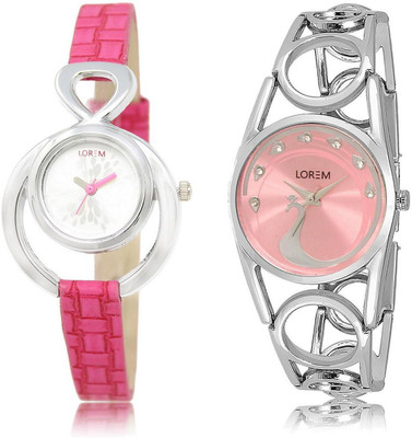 

LOREM Watch-205-233 COMBO Pink & Silver Round Girl's Metal Bracelet & Leather Watch - For Women