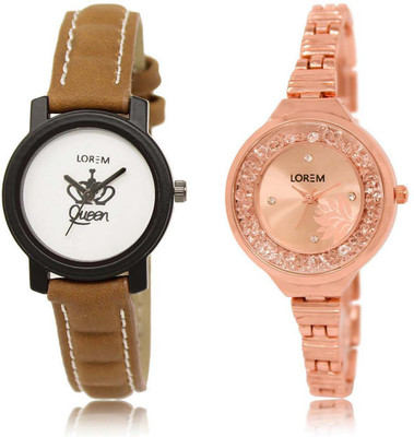 LOREM OM-209-225 Designer Rose Gold & White Round Girl's Metal Bracelet & Leather Watch - For Women