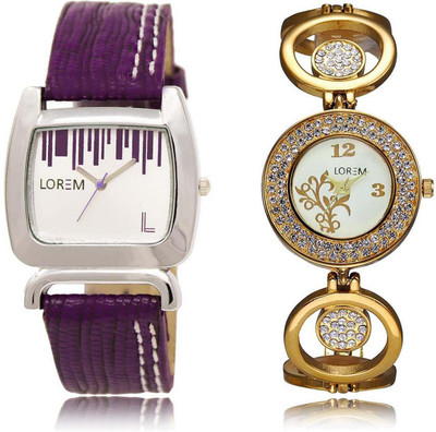 

LOREM OM-204-207 Designer Multicolor Round & Square Girl's Metal Bracelet & Leather Watch - For Women