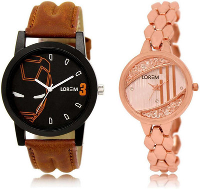 

LOREM SR-4-222 Attractive Rose Gold & Black Round Boy's & Girl's Metal Bracelet & Leather Watch - For Men & Women