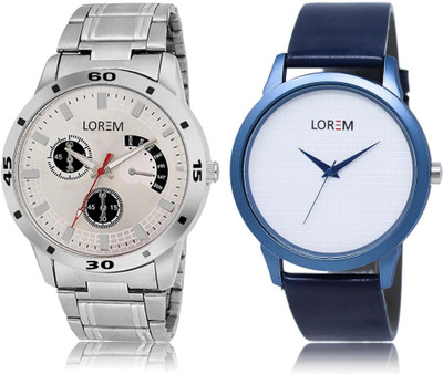 

LOREM FZ-33-101 COMBO White & Silver Round Boy's Leather & Metal Bracelet Watch - For Men