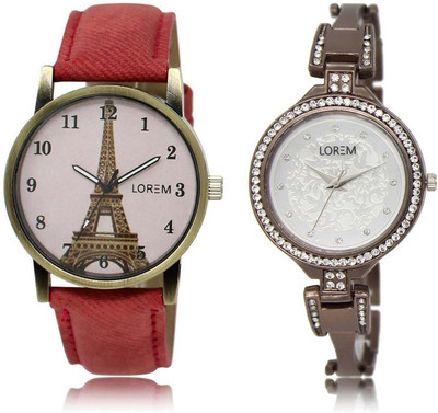 

LOREM watch230-236 Designer Silver & Pink Round Girl's Metal Bracelet & Leather Watch - For Women